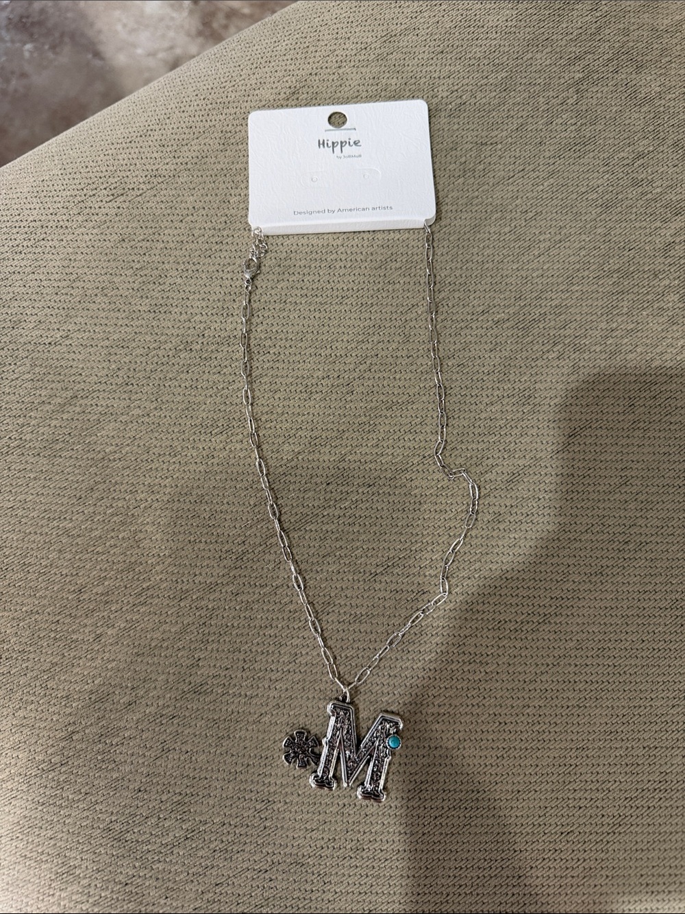 Silver 'M' Initial Necklace with Turquoise Accent